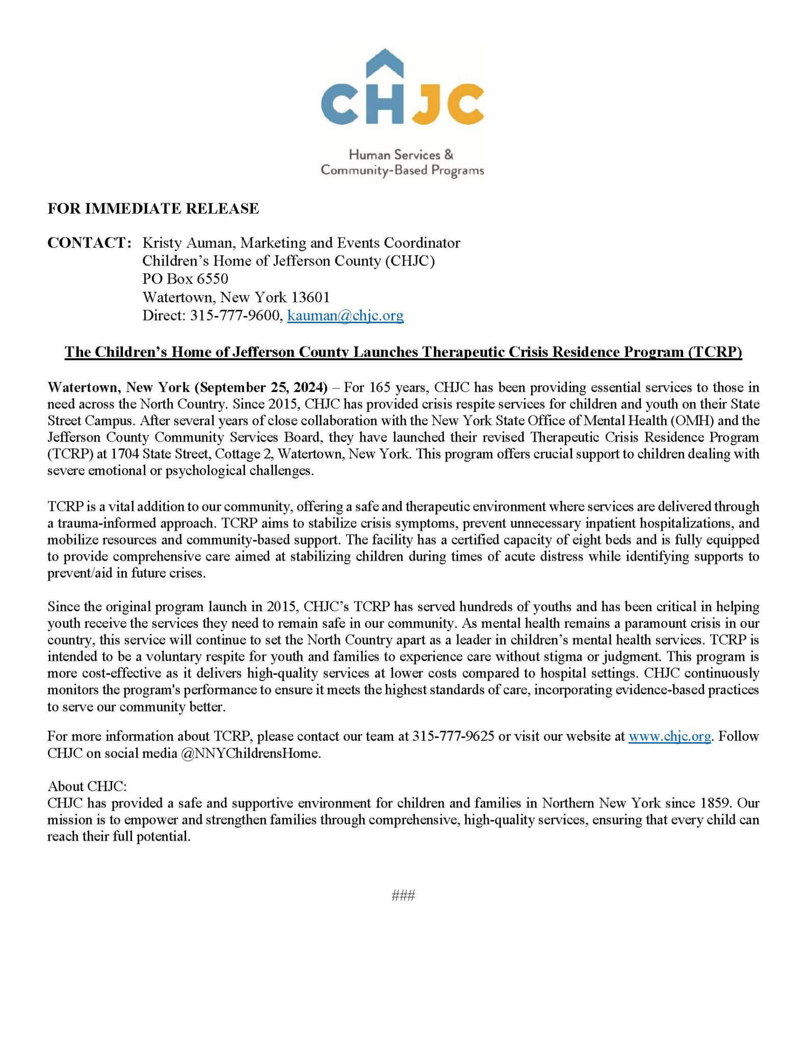 The Children’s Home of Jefferson County Launches Therapeutic Crisis